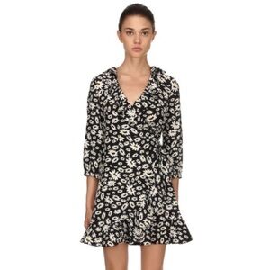 Rixo London Abigail Black Daisy Floral Silk Black White Mini Wrap Dress EUC Sz S